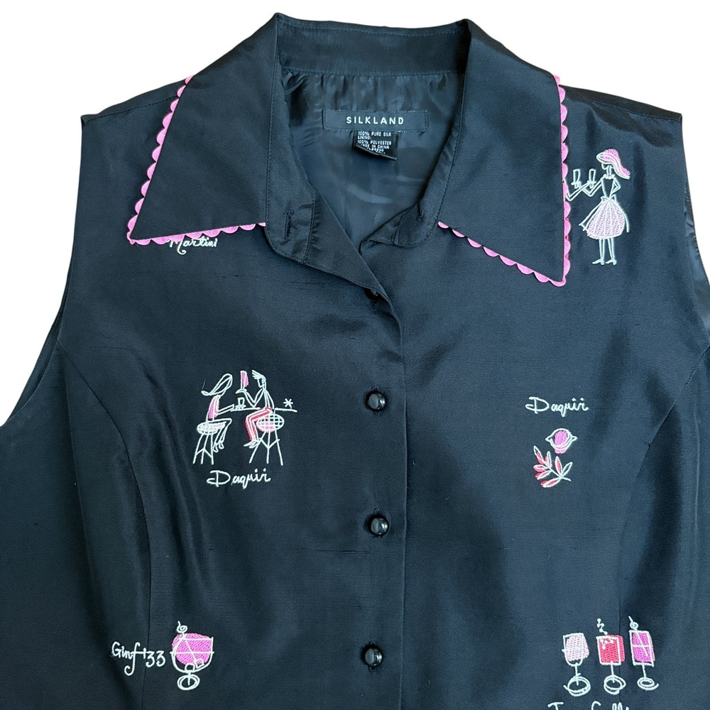 VTG 90S Y2K Silkland Shirt Women's Size 14 Black Embroidered Cocktails Retro